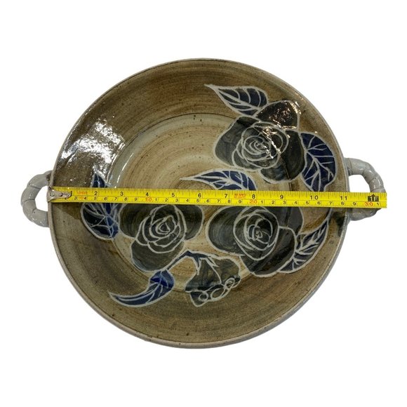 Hand Thrown Stoneware Pottery Glazed Bowl Signed by Artist Floral 11"W Handmade - Picture 9 of 13